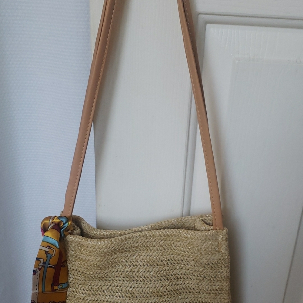 Woven Boho Straw Bag with Scarf Accent - Picture 3 of 8